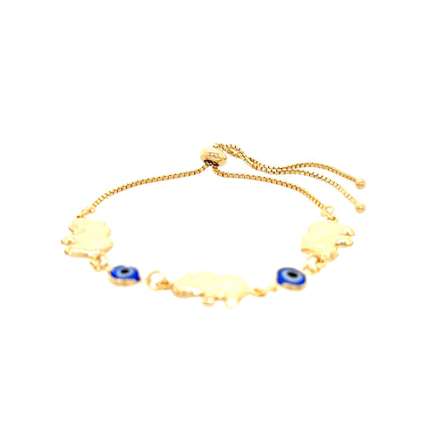 A 14k gold filled adjustable bracelet featuring blue evil eye and elephant charms.